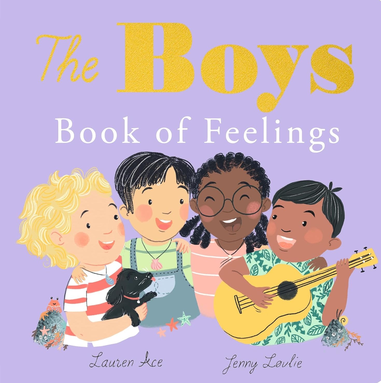 Book cover of 'The Boys Book of Feelings' with illustrations of four boys on a purple background.